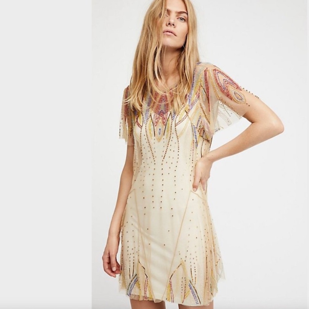 Free People Rainbow Embellished Sheer Nude Dress